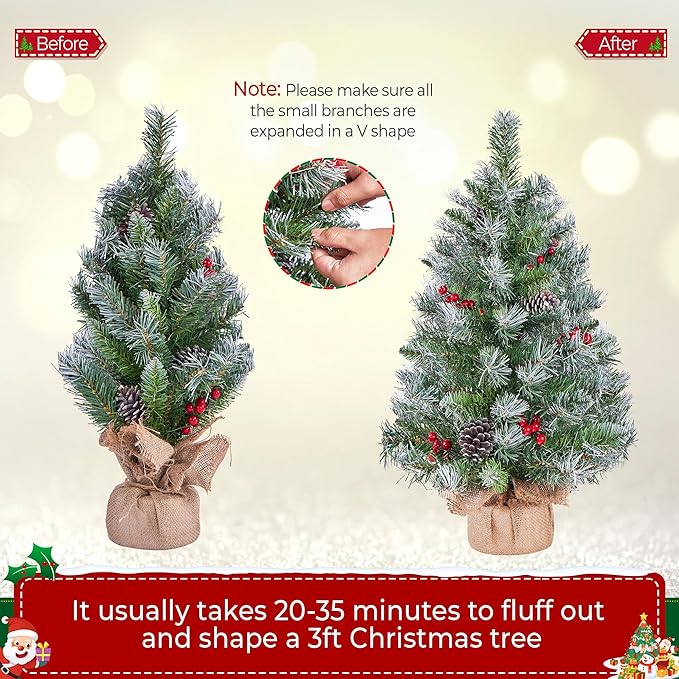 Yaheetech Set of 2 Pre-Lit Artificial Mini Christmas Tree, 3ft Frosted Tabletop Small Christmas Tree with LED Lights, Red Berries & Natural Pinecones for Holiday Decoration