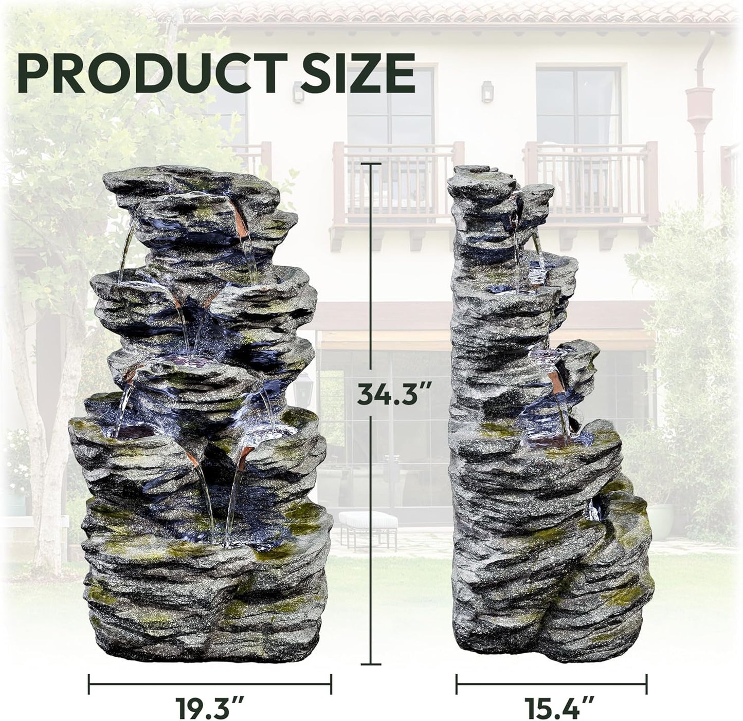 34.3" H Outdoor Water Fountain with LED Lights, 5-Tier Cascading Rock Waterfall for Yard, Garden, Patio, Outdoor Decor Water Features
