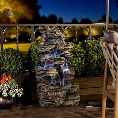 34.3" H Outdoor Water Fountain with LED Lights, 5-Tier Cascading Rock Waterfall for Yard, Garden, Patio, Outdoor Decor Water Features