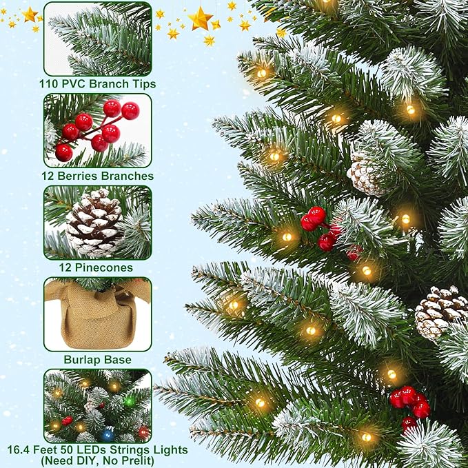 Remote Control - 3 Ft Artificial Mini Christmas Tree, Snowy Tabletop Christmas Tree 50 Warm White & Colorful Lights Timer Battery Operated 110 Branches 12 Pinecones 84 Red Berry Burlap Base Xmas Decor