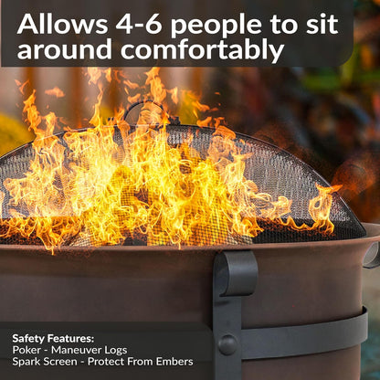 Sunnydaze 29-Inch Wood-Burning Outdoor Fire Pit - Bronze Cauldron Wood Fire Pit for Outside - Includes Poker and Spark Screen