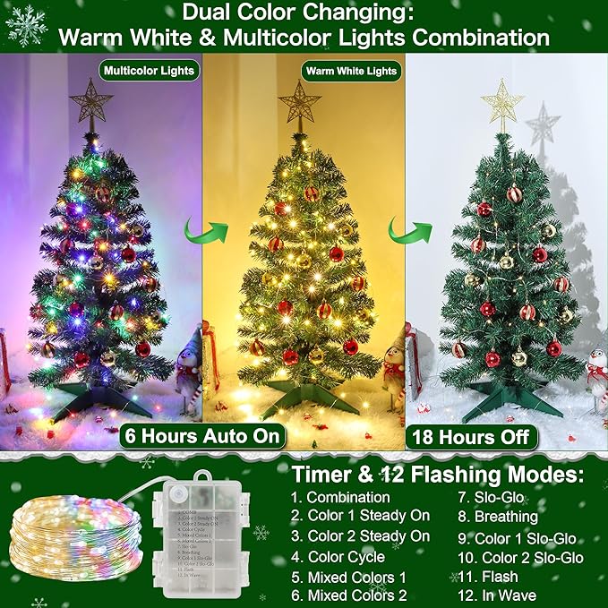 3 Feet Green Premium Christmas Tree 12 Modes Dual Color Change Timer DIY 50 Warm White & Multicolor Lights Star 15 Ball Ornaments Battery Operated Small Artificial Full Xmas Tree Table Home Indoor