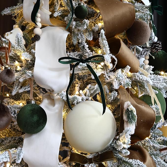 Sea Team 4-Pack Large Flocked Velvet Christmas Tree Ball Ornaments Set, Hanging Velour Baubles, Shatterproof Plastic Decorations for Xmas Tree, Wreath, Garland, 150mm/5.91 Inches, Cream