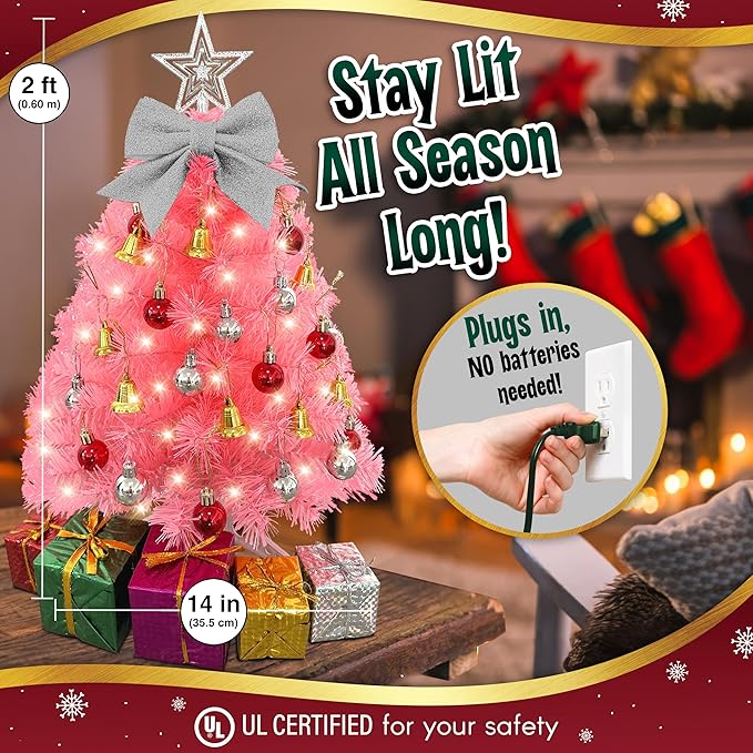 Small Pink Christmas Tree with Lights - 23 Inch Mini Tabletop Christmas Tree with Warm-White LED Lights, Hanging Ornaments, Decorative Bow and Gift Boxes - Table Tree for DIY Christmas Decoration