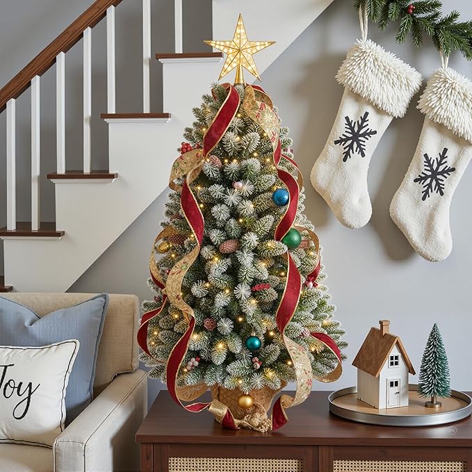 3FT Pre-lit Small Mini Snow Flocked Christmas Tree with Warm White Multi-Color LED Lights, Remote Control and Timer, Perfect for Tabletop Decorations, Home, Kitchen, Dining Table top