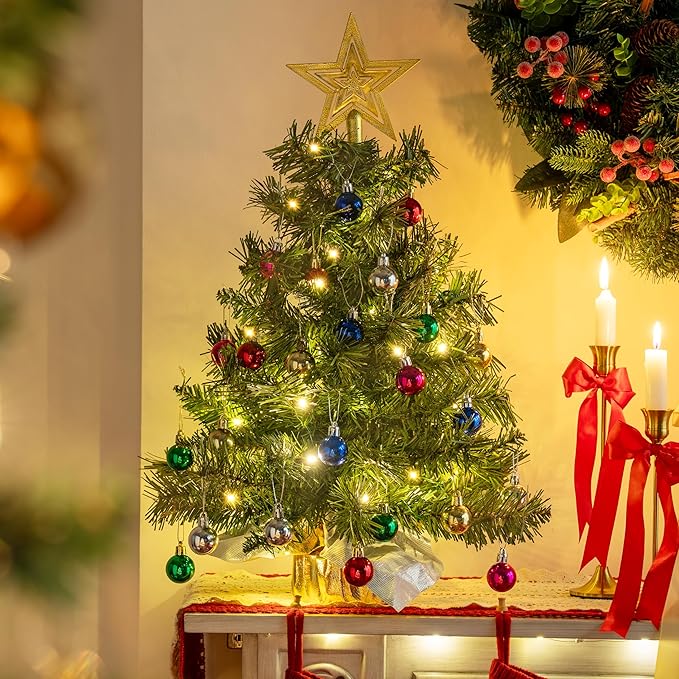 JOIEDOMI 24"/2FT Small Tabletop Christmas Tree with Lights with Star Treetop and Hanging Ornaments, Pre-lit Artificial Christmas Green LED Mini Tabletop Tree for Xmas Decorations Indoor Outdoor