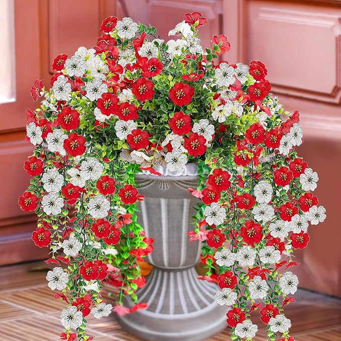 Artificial Flowers for Outdoors 6PCS，All Weather Fade Proof, UV Resistant Waterproof Realistic Faux Silk Mums Daisies Red & White for Hanging Planters Porch Patio Balcony Deck Fence Garden Decor