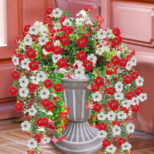Artificial Flowers for Outdoors 6PCS，All Weather Fade Proof, UV Resistant Waterproof Realistic Faux Silk Mums Daisies Red & White for Hanging Planters Porch Patio Balcony Deck Fence Garden Decor