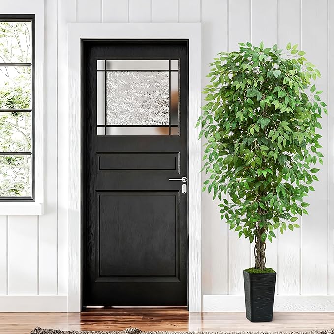 Artificial Ficus Tree 6FT Faux Plants Indoor Tall Fake Plants with Black Square Planter, Green Lifelike Lush Fake Ficus Tree for Home Living Room Bedroom Outdoor Balcony House Office Decor