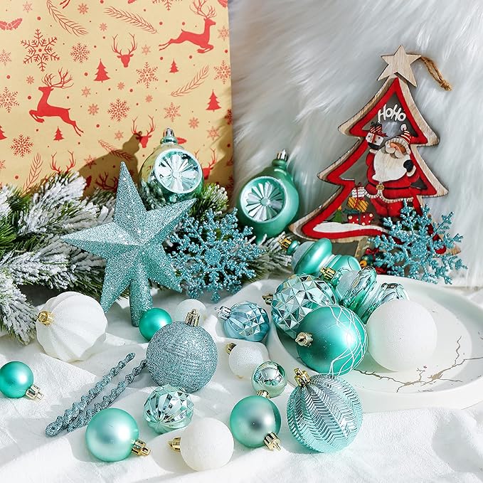 XmasExp 99-Pack Christmas Ball Ornaments Assorted Shatterproof Christmas Tree Decorations with Hand-held Gift Package for Xmas Tree,Home,Party (Mint Green)