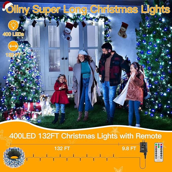 Ollny Christmas Lights Outdoor Indoor Decor, 132FT 400LED Blue & White String Lights 8 Modes Plug in Waterproof, Xmas Fairy Lights with Remote for Tree House Holiday Yard Bedroom Home Party