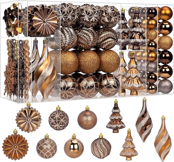 108 Pcs Christmas Ball Ornaments Set, Bronze Copper Brown Gold Shatterproof Hand-Painted Hanging Bulbs Bulk, Decoration for Fall Thanksgiving Harvest Xmas Tree Home Holiday Decor