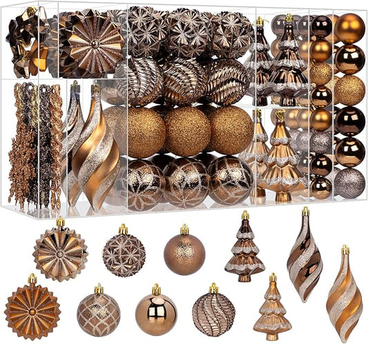 108 Pcs Christmas Ball Ornaments Set, Bronze Copper Brown Gold Shatterproof Hand-Painted Hanging Bulbs Bulk, Decoration for Fall Thanksgiving Harvest Xmas Tree Home Holiday Decor