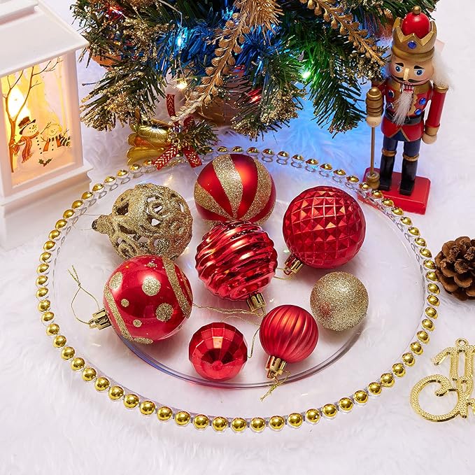 100PCS Christmas Ball Ornaments, Assorted Shatterproof Christmas Tree Decorations, Seasonal Decorative Hanging Baubles Decor Set for Xmas/Holiday/Party, Glitter&Painting Ornament Set (Red Gold)