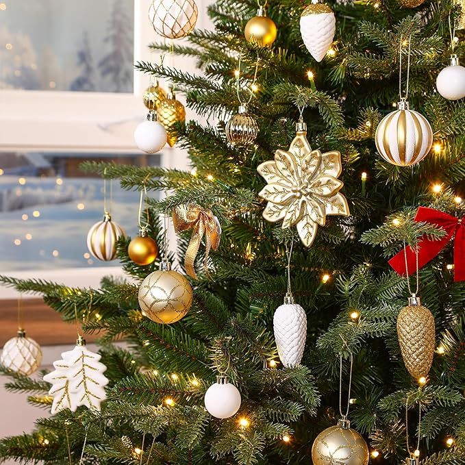 SHareconn 106PCS Christmas Balls Ornaments Set, Colorful Shatterproof Plastic Decorative Baubles for Xmas Tree Decor Holiday Wedding Party Decoration with Hanging Hooks, Gold &White