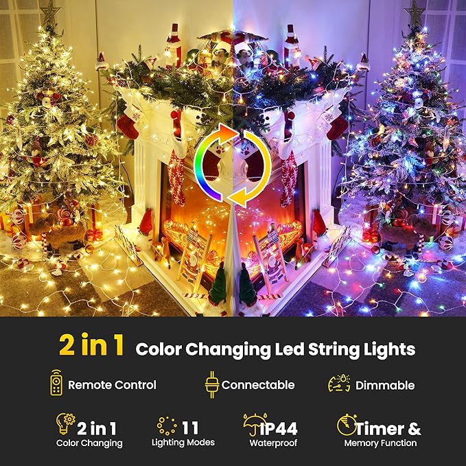 Color Changing Christmas Lights, 175ft 500 LED Warm White & Multicolor Christmas String Lights with Remote, 11 Modes Fairy Twinkle Lights Waterproof for Party, Garden, Home, Weddings, Xmas Tree Decor
