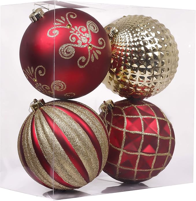 Valery Madelyn Large Christmas Trees Ornament, 4ct 5.9 Inches Red and Gold Shatterproof Christmas Tree Decorations, Luxury Hanging Ball Ornaments Bulk for Xmas Holiday Decor