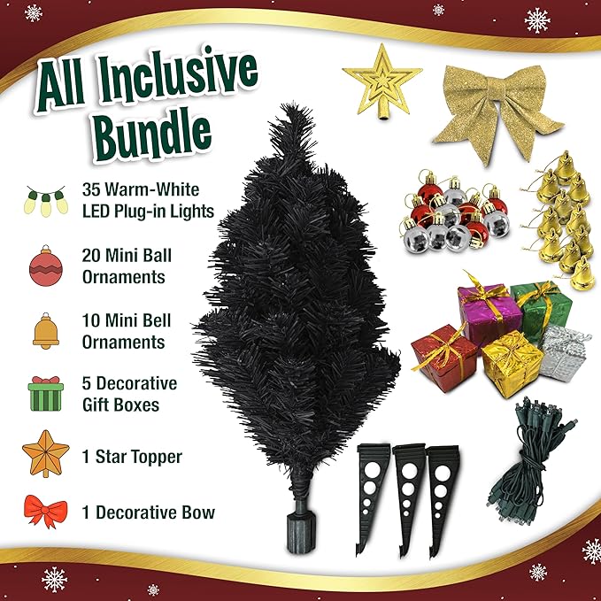 Small Black Christmas Tree with Lights - 23 Inch Mini Tabletop Christmas Tree with Warm-White LED Lights, Hanging Ornaments, Decorative Bow and Gift Boxes - Table Tree for DIY Christmas Decoration