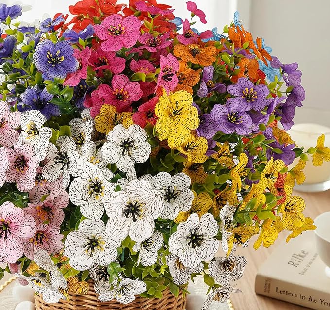 ilauke 9 Bundles Artificial Flowers for Outdoors, Fake Flowers UV Resistant, No Fade Faux Flower Plants 9 Colors with Eucalyptus, Plastic Flower Outside Planter Garden Porch Patio Home Wedding Decor