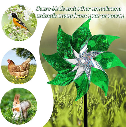 Hausse 10 Pack Reflective Pinwheels Holiday Decor, Extra Sparkly Wind Sculptures for St. Patrick's Day Decorations Party Supplies, Deterrent to Scare Birds Away from Garden Yard Patio Farm, Green