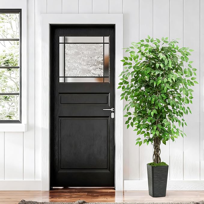 Artificial Ficus Tree 5FT Faux Plants Indoor Tall Fake Plants with Black Square Planter, Green Lifelike Lush Fake Ficus Tree for Home Living Room Bedroom Outdoor Balcony House Office Decor