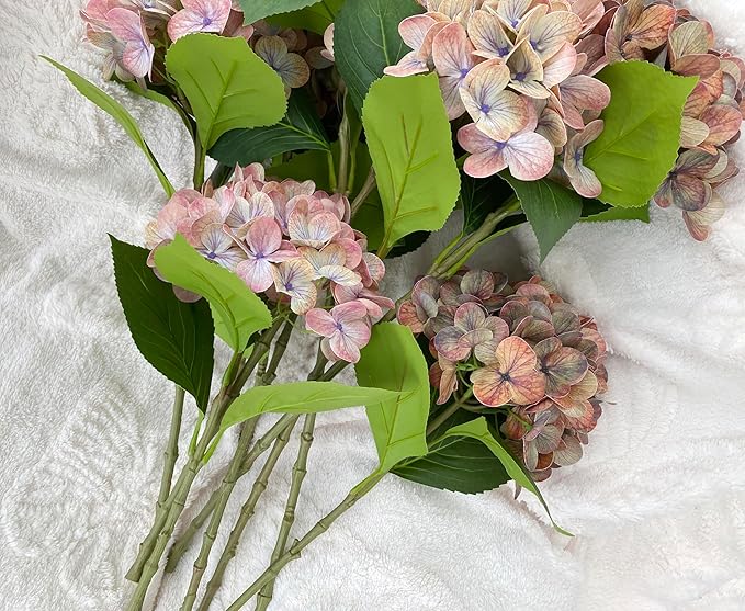 4PCS Latex Faux Real Touch Hydrangea Artificial Flowers，23 inch Fall Brown Fake Silk Hydrangeas，Soft Hydrangeas with Long Stems & Leaves - Mix Fall