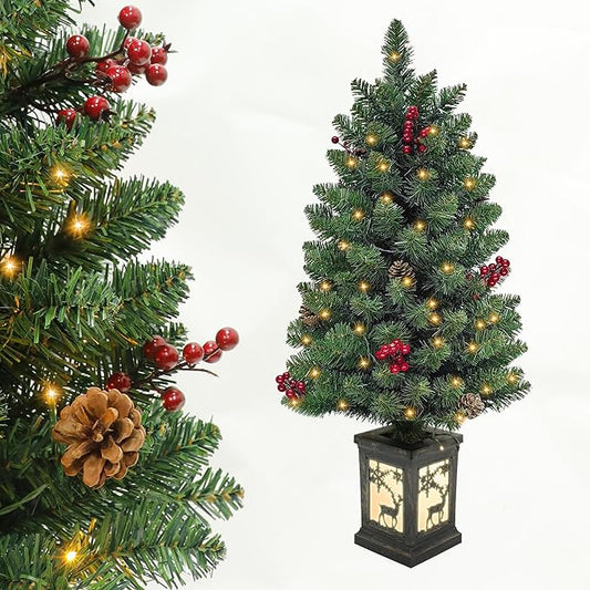 3ft Prelit Christmas Tree with 78 Warm Lights & Red Berry & Pine Cone, Mini Christmas Tree with Vintage Elk Light Potted Base, Tabletop Small Xmas Tree Decor for Porch,Home,Office,Indoor