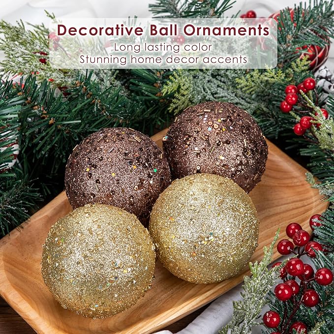 4" Large Christmas Balls Ornaments 6 Pcs Shatterproof Big Bronze Christmas Ornaments for Tree Bulk Glitter Big Xmas Tree Ornament for Xmas Halloween Holiday Wedding Party Decoration