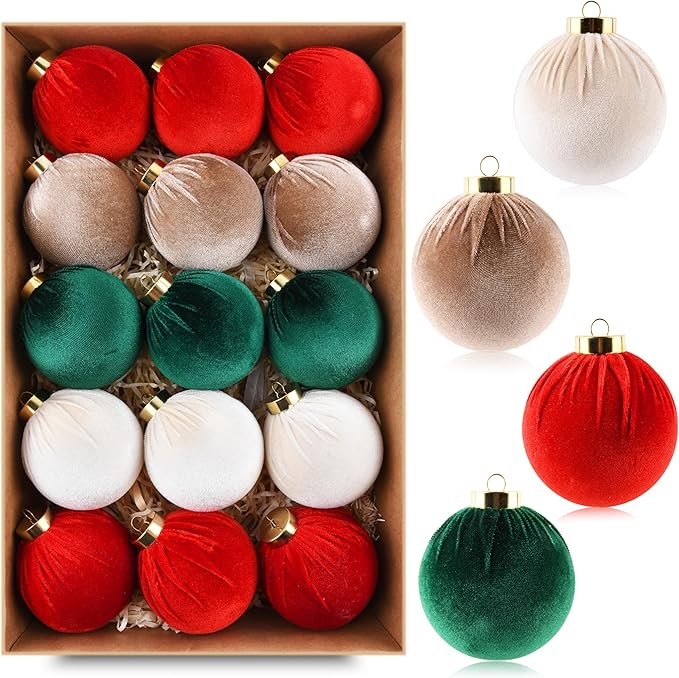 Velvet Christmas Balls Ornaments for Tree - 15pcs Shatterproof Christmas Ornaments for Xmas Trees Decorations - Multicolor Red Green Brown Beige, 80mm 3.15inch