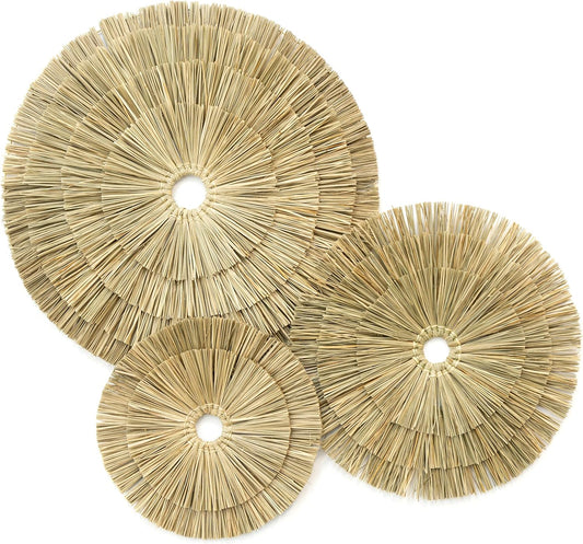 VATIMA Boho Wall Décor – Simple Oversized Wall Basket Décor for Home and Office – Seagrass Wicker Basket Wall Décor Set – 3pcs Flat Baskets – Easy to Hang – Handmade Design – Small/Medium/Large