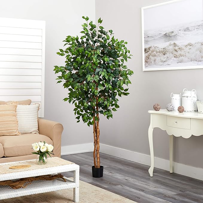 Nearly Natural 6ft Triple Trunk Artificial Ficus Tree with Natural Wood Trunks, Fake Tree for Indoor Home Décor, Faux Ficus Tree with Black Nursery Pot