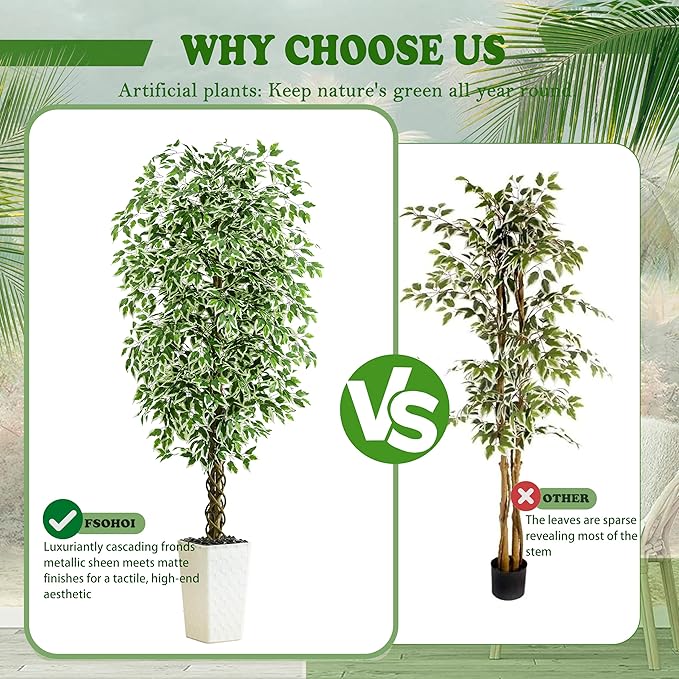 Artificial Ficus Tree Indoor 6FT Fake Plants Large Artificial Plant with Crack White Tall Planter, Green Lifelike Lush Fake Ficus Tree for Home Living Room Bedroom Outdoor Balcony House Office Decor