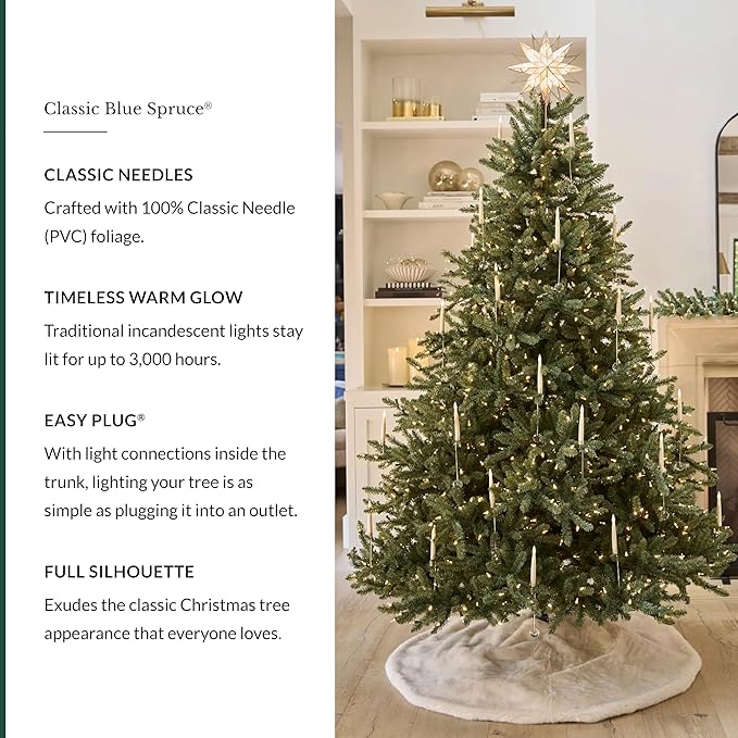 Balsam Hill 4.5ft Pre-Lit Classic Blue Spruce - Artificial Christmas Tree with 300 Clear Incandescent Lights, Easy Plug Technology, Premium Stand for Indoor Holiday Decorating