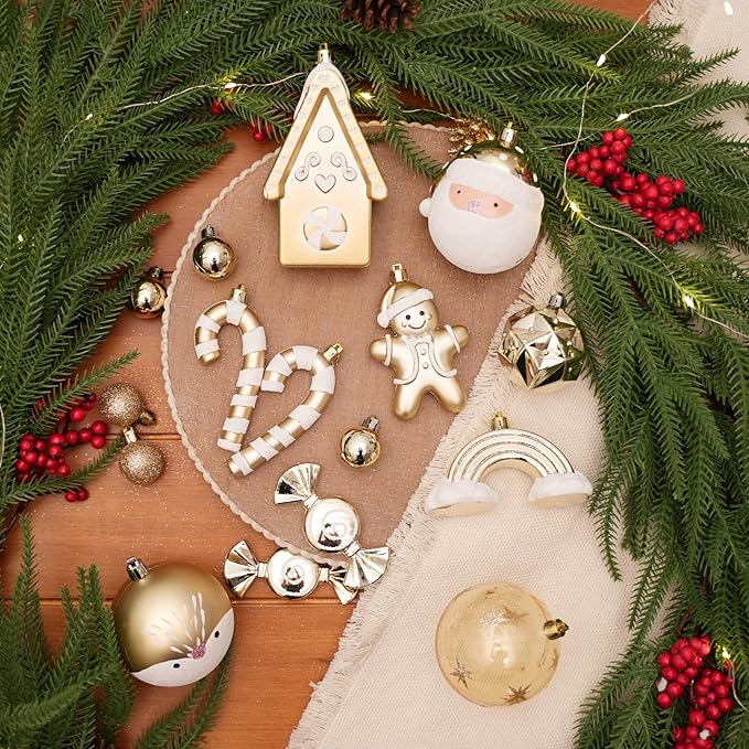 Alupssuc 65pcs Christmas Balls Ornaments Set, Shatterproof Plastic Baubles Gingerbread House, and Tree Topper for Xmas Tree Holiday Wedding Party Decorations with Hanging Strings, Gold & White