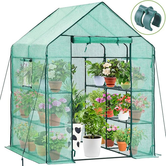 Ohuhu Greenhouse for Outdoors with Screen Windows, 57 x 57 x 76'' Walk in Plant Greenhouses Heavy Duty with Durable PE Cover, 3 Tiers 12 Shelves Stands Plastic Portable Green House with Shelf Clips