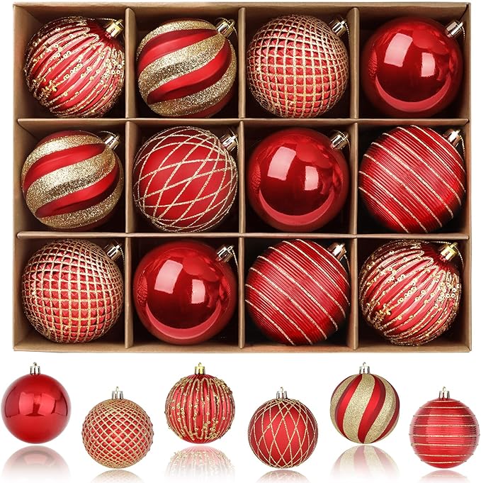 SHareconn 80mm Christmas Balls Ornaments,12PCS Colored Shatterproof Plastic Decorative Hanging Tree Decorations Baubles Set for Xmas Tree Decor Holiday Party Wedding Decoration with Lanyard,Red & Gold