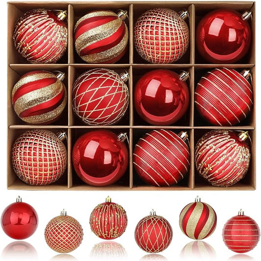 SHareconn 80mm Christmas Balls Ornaments,12PCS Colored Shatterproof Plastic Decorative Hanging Tree Decorations Baubles Set for Xmas Tree Decor Holiday Party Wedding Decoration with Lanyard,Red & Gold