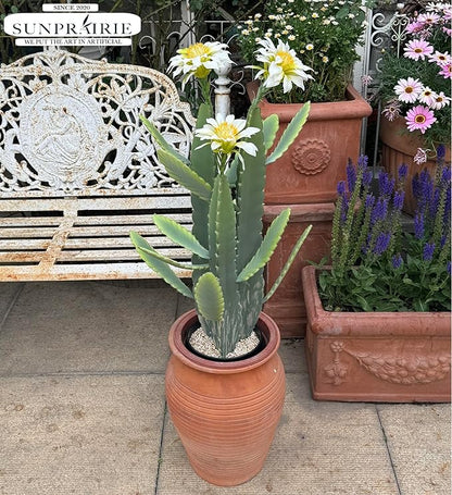 33 Inch Large Artificial Cactus with Lilly White Flowers in Pot with Natural Gravel. Satin Finish Leaves with Real Look and Feel. Outdoor and Indoor Faux Plants.