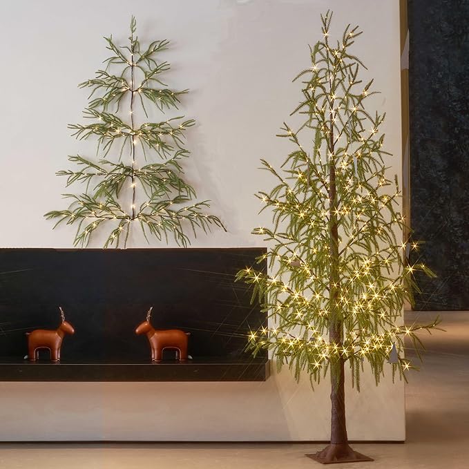 Hairui Lighted Norfolk Pine Wall Tree with Timer 4FT 140 Warm White LED Fairy Lights, Vine Garland with Lights for Home Fireplace Room Window Christmas Decoration Indoor Outdoor