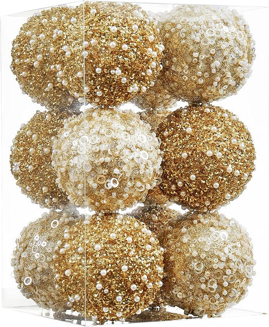 12CT Christmas Ball Ornaments, Gold Christmas Ball Decorations Shatterproof Plastic Hanging Pearl Balls for Holiday Party(70mm/2.76")