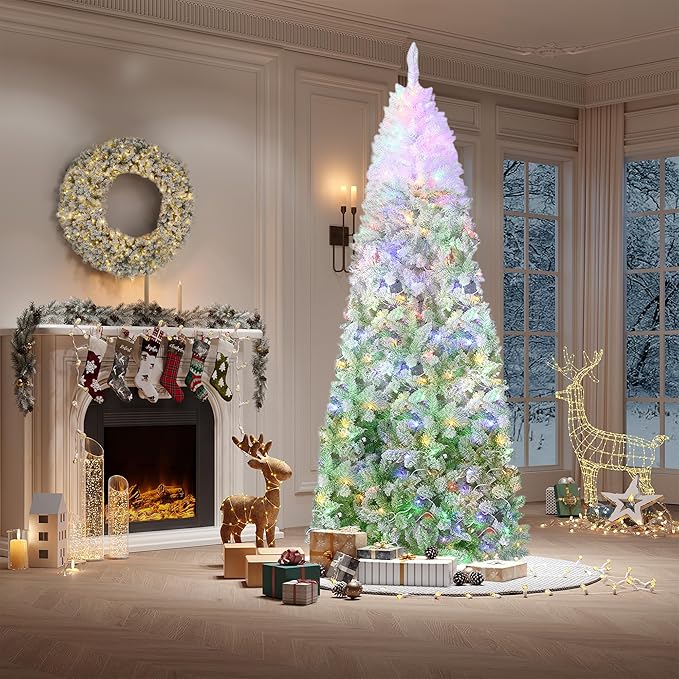 GAOMON 7.5Ft Pencil Christmas Tree Artificial Slim Xmas Trees Skinny Christmas Tree Decorations Fake Flockeds, White & Green Gradient