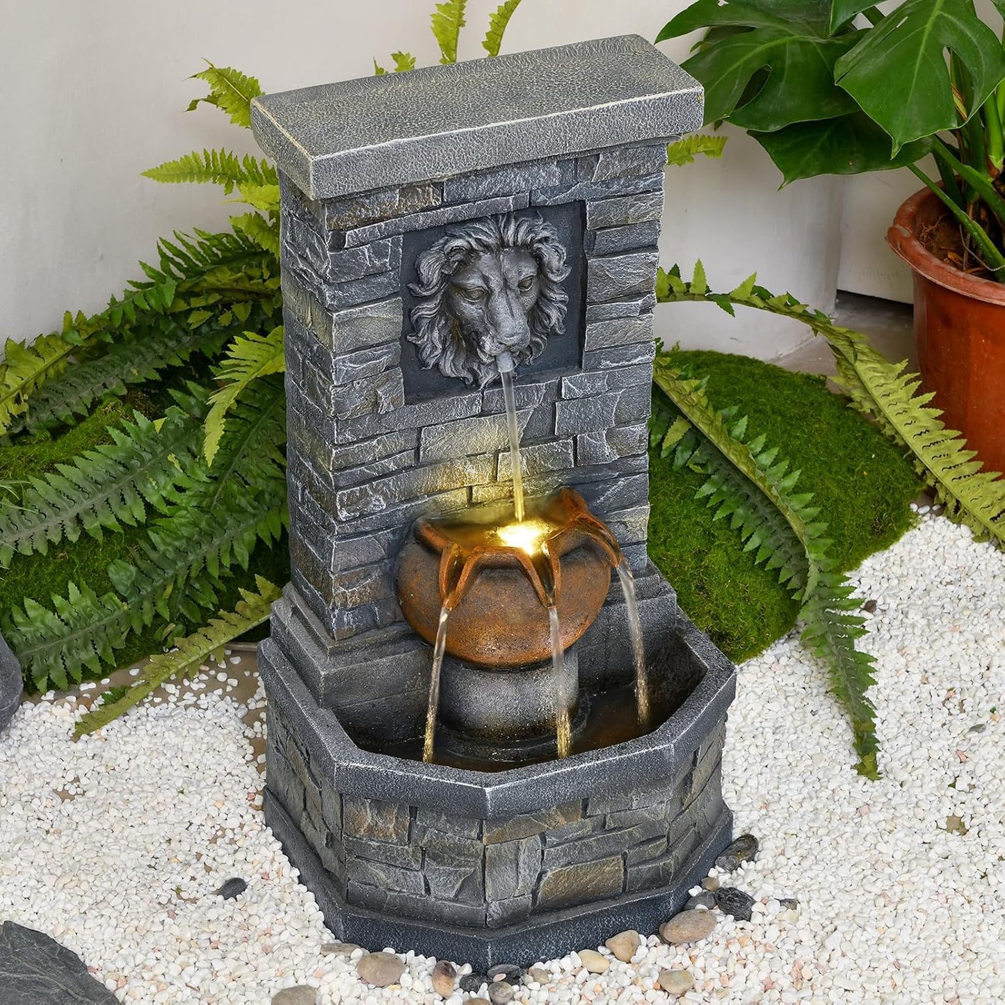 32.28'' Outdoor Garden Floor-Standing Water Fountain Lion Head Stone with Lights Outdoor Waterfall for Patio, Backyard, Deck, Porch and Home Art Decor