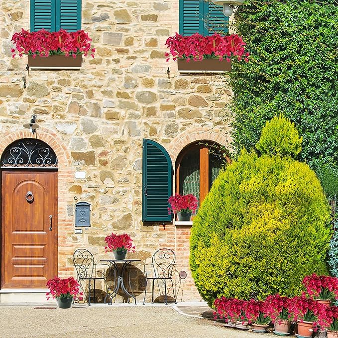 20 Bundles Artificial Flowers Outdoor UV Resistant Fake Flowers No Fade for Patio Porch Window Box Home Wedding Farmhouse Decor (Rose Red)