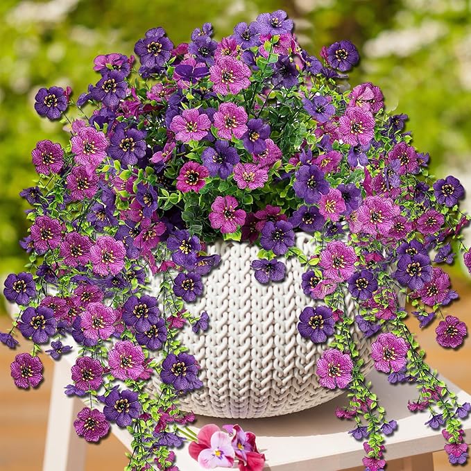 Artificial Flowers for Outdoors 6PCS，All Weather Fade Proof, UV Resistant Waterproof Realistic Faux Silk Mums Daisies Double Purple for Hanging Planters Porch Patio Balcony Deck Fence Garden Decor