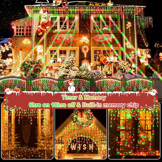 JXLEDAYY 65 FT 640 LED Christmas Lights Outdoor Decorations Clear Wire String Lights Plug in 120 Drops 8 Modes Memory Timer Curtain Fairy Lights Waterproof for Holiday Wedding Party-Red and Green