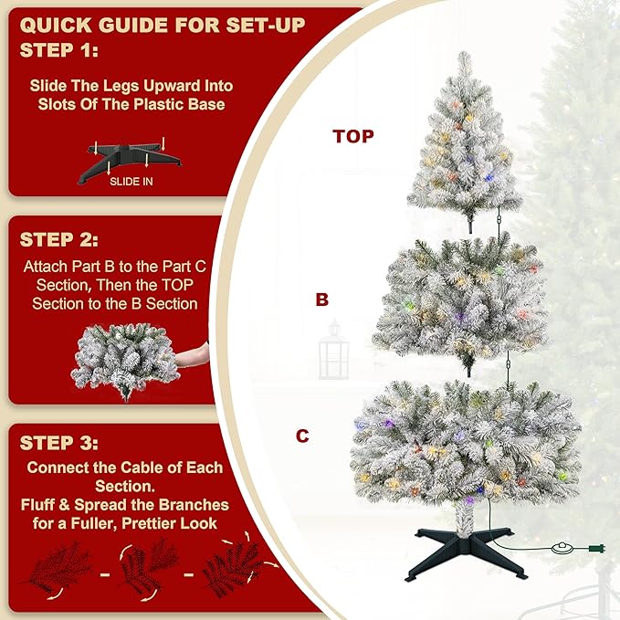 6.5ft White Flocked Christmas Tree with Lights – Pre Lit Flocked Christmas Tree with 250 Multi-Color LEDs, 600 Tips, Pedal Control, Hinged Full Flocked Tree with Plastic Stand