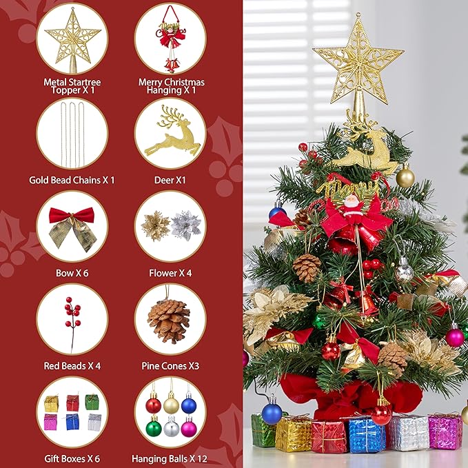 JOIEDOMI 24"/2FT Pre-lit Tree with Decoration Kit Artificial Christmas Tabletop Tree with 70 Branch Tips 30 LED Lights, Includes Star Topper Ornaments, Battery Operated Mini Tree for Indoor Xmas Decor