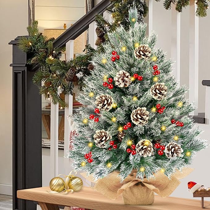 [ 8 Modes & Timer] 24 Inch Realistic Snowy Tabletop Christmas Tree Small Christmas Tree with 50 Warm Lights Battery Operated Red Berries Pine Cone Burlap Base Indoor Home Table Christmas Decorations