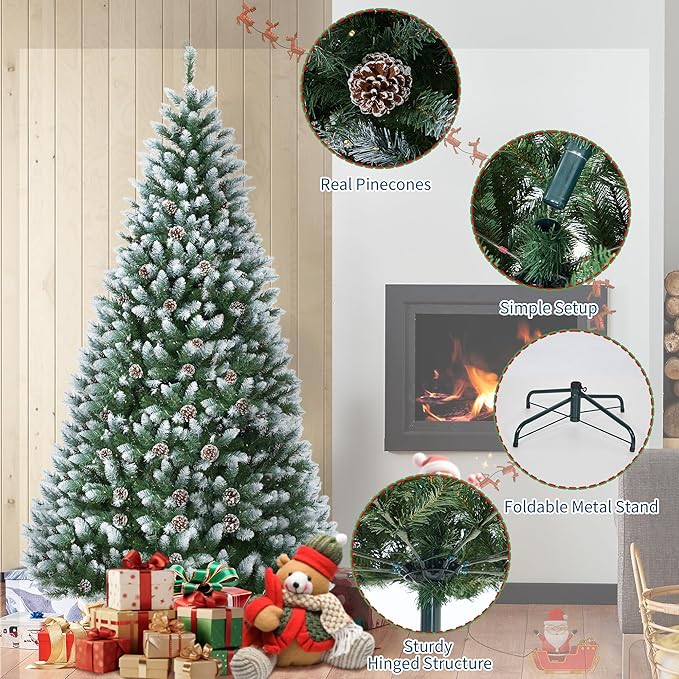 9FT Pre-Lit Artificial Christmas Tree with White Lights,Green PE & PVC Artificial Xmas Tree,Easy Assembly, Foldable Stand for Home, Office, Party Decoration for Xmas Holiday