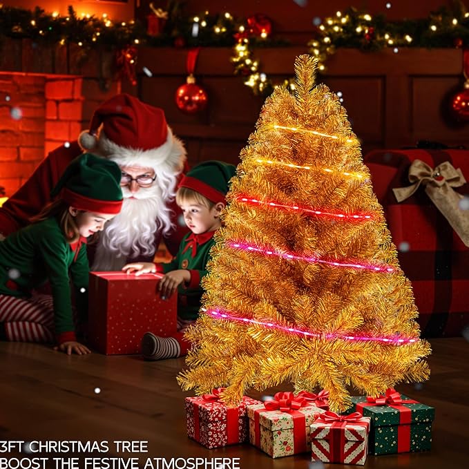 Gold 3ft Christmas Tree with Lights, Small 36inch Artificial Tree Mini Table Top Decorations, Xmas Desk Tree with 80 Colored Lights, 200 Branch, Holiday Decor for Home,Indoor Office Tabletop